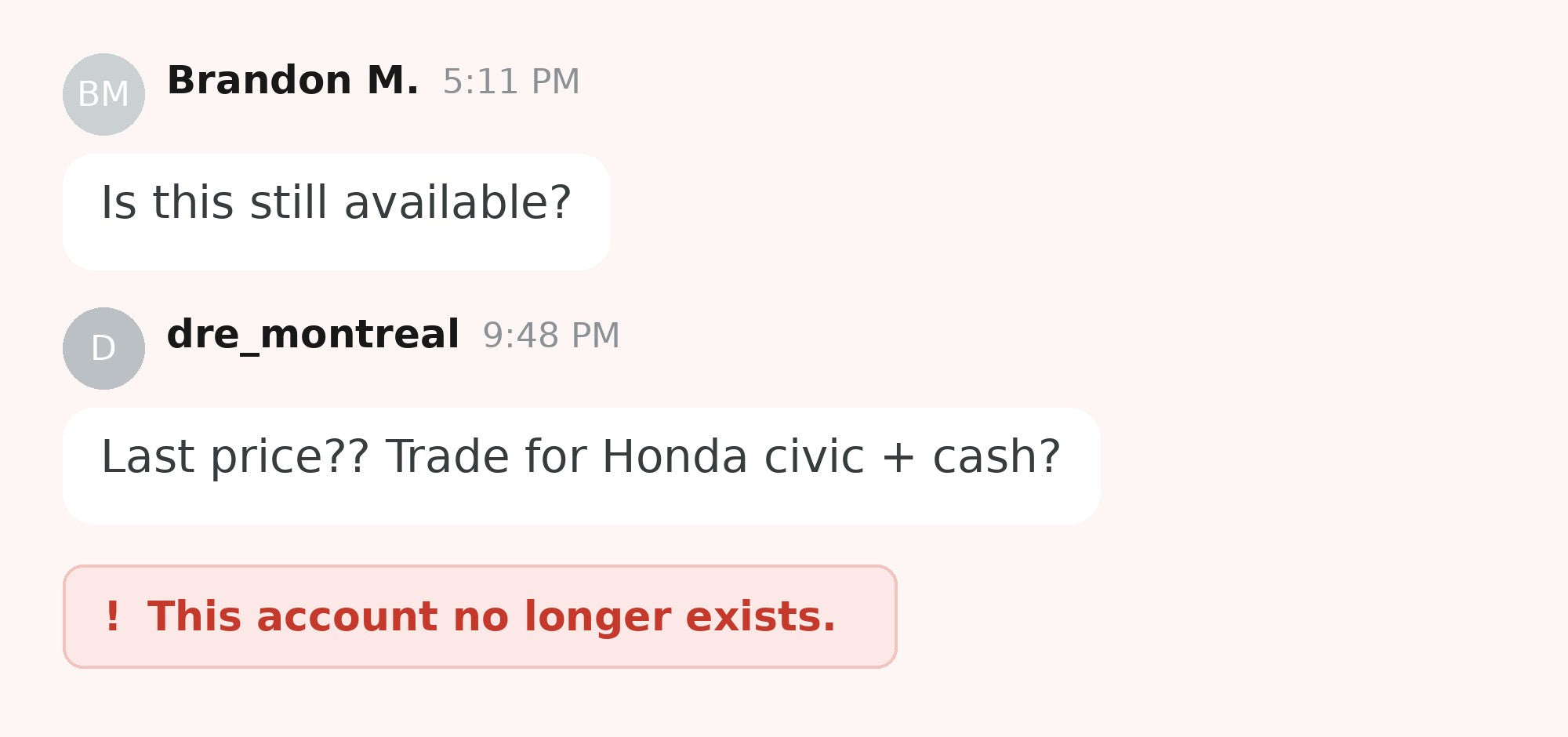 Scam message from a car listing